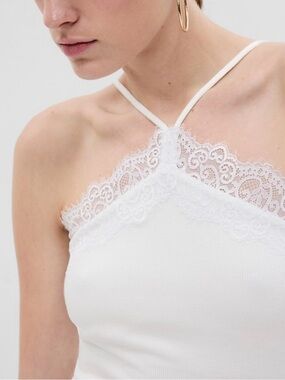 GAP White rib lace halter cami shelf bra